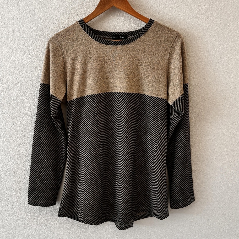 David Cline Colorblock Herringbone Tunic Top Womens Size L Taupe‎ Black Knit